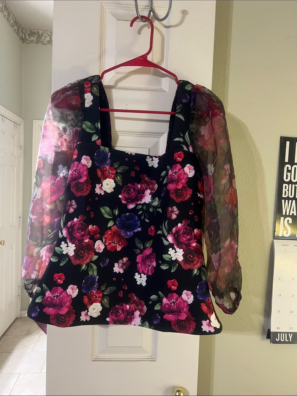 Boston Proper Black Floral Square-Neck Blouse with Sheer Puff Sleeves